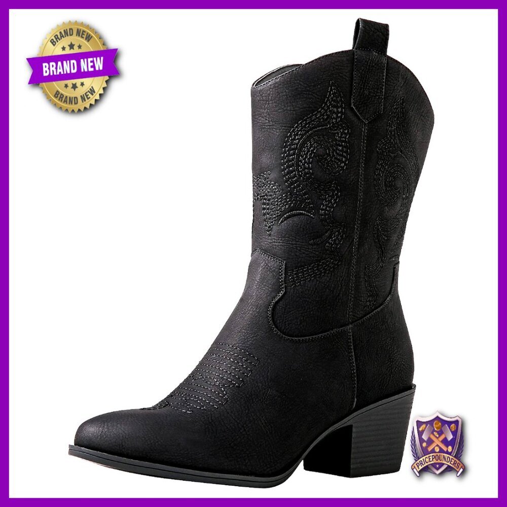 Mid Calf Cowboy Boots Chunky Low Heel Western Fashion Cowgirl Boots